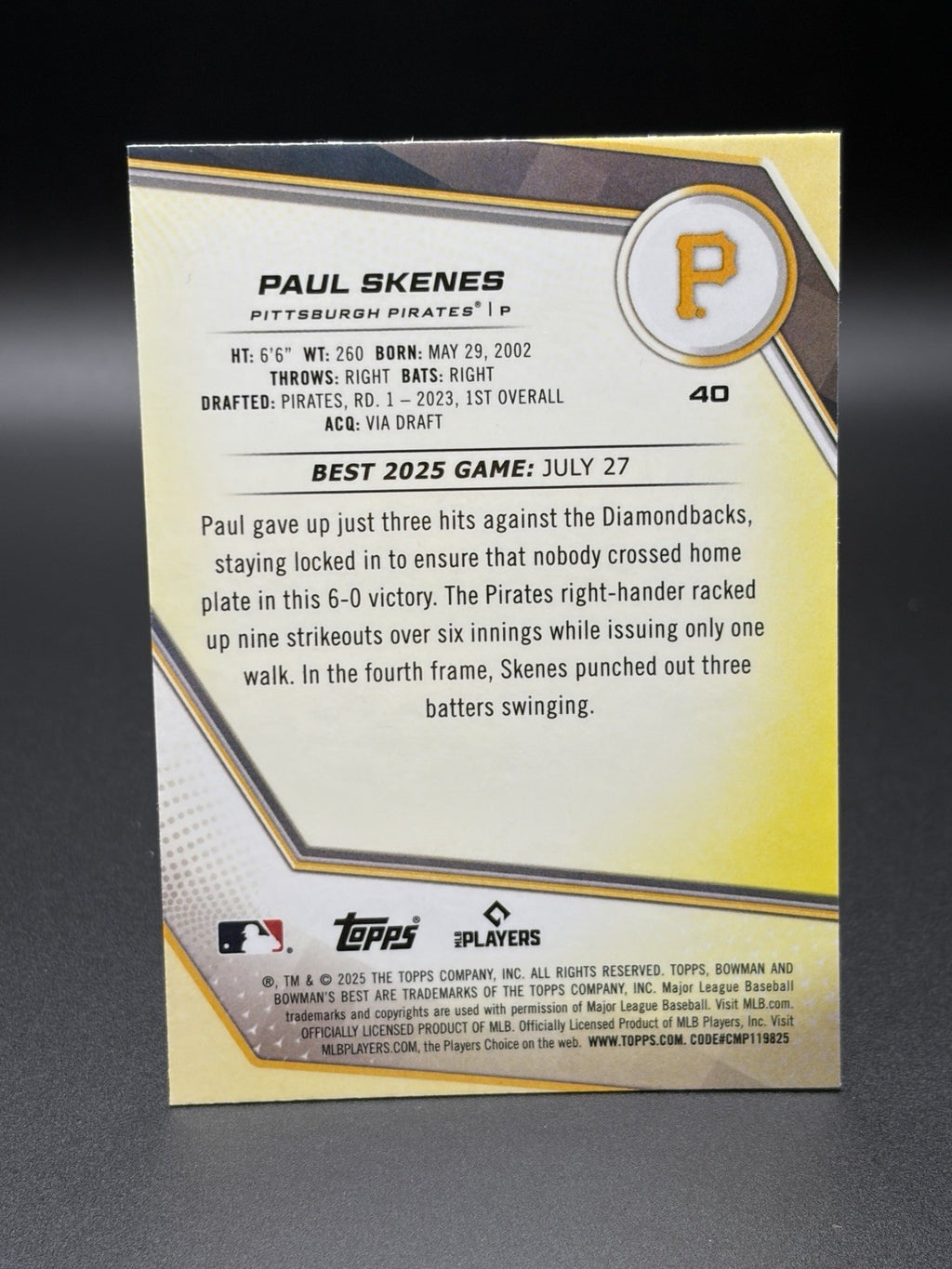2025 Bowman’s Best PAUL SKENES Mini Diamond Refractor /299 #40 Pirates1