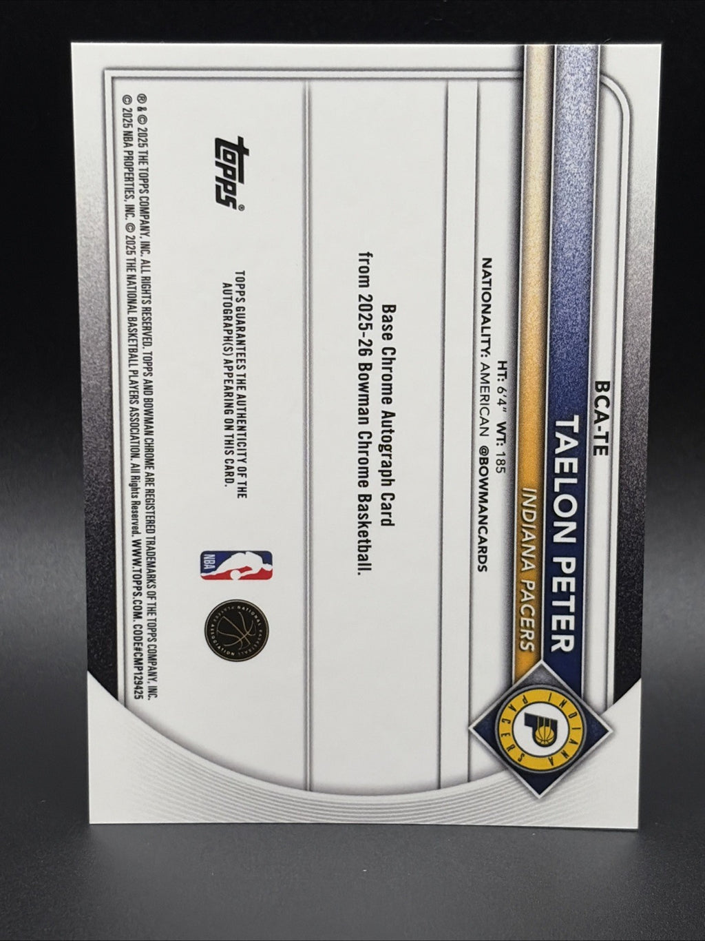2025-26 Topps Bowman Basketball Taelon Peter Chrome Auto PACERS RC1