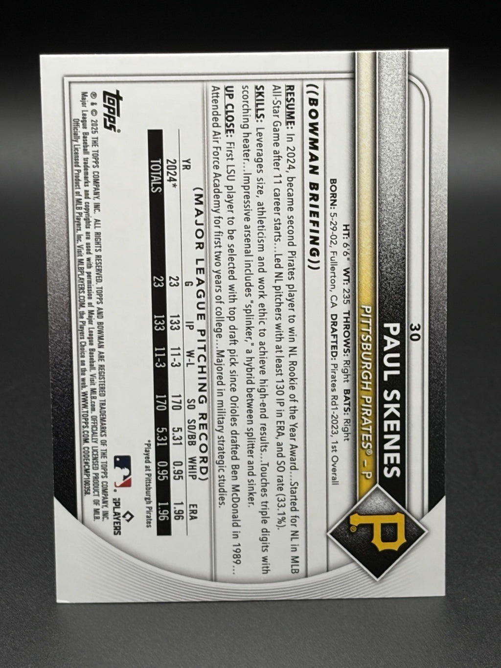 PAUL SKENES  PIRATES  2025 BOWMAN #301