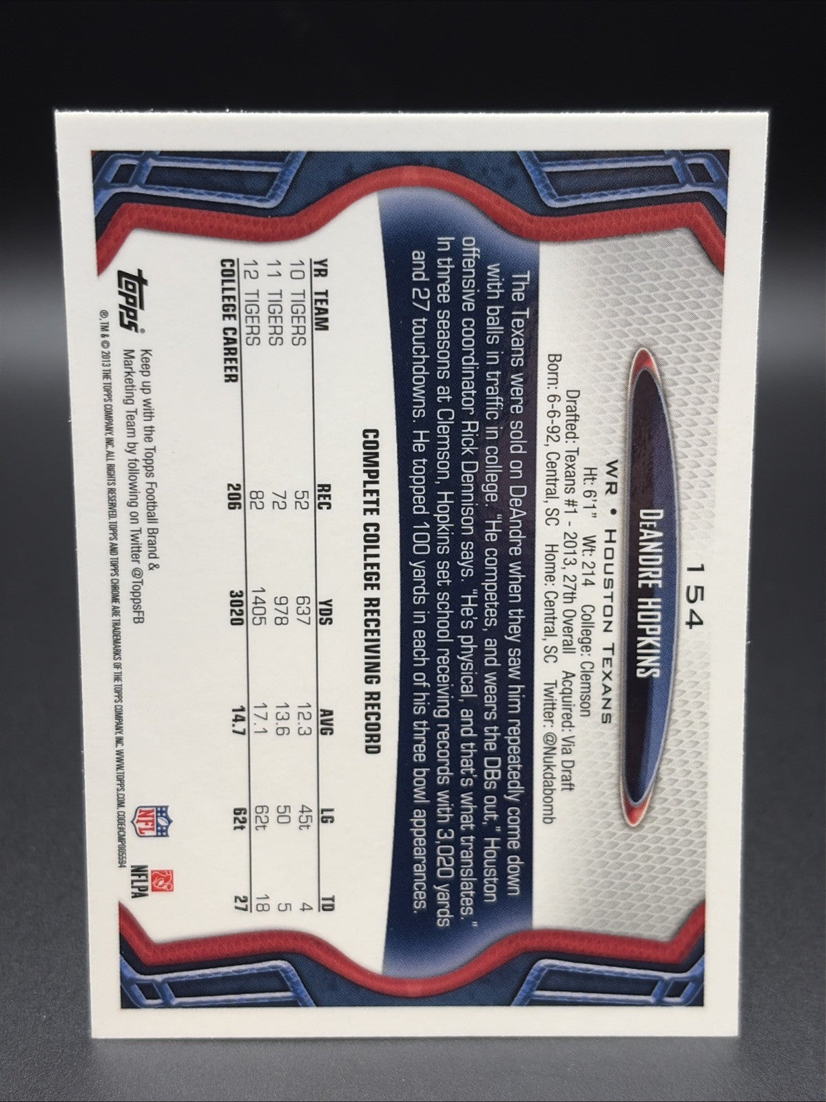 2013 Topps Chrome - DeAndre Hopkins #154 Ball in Right Hand (RC)1
